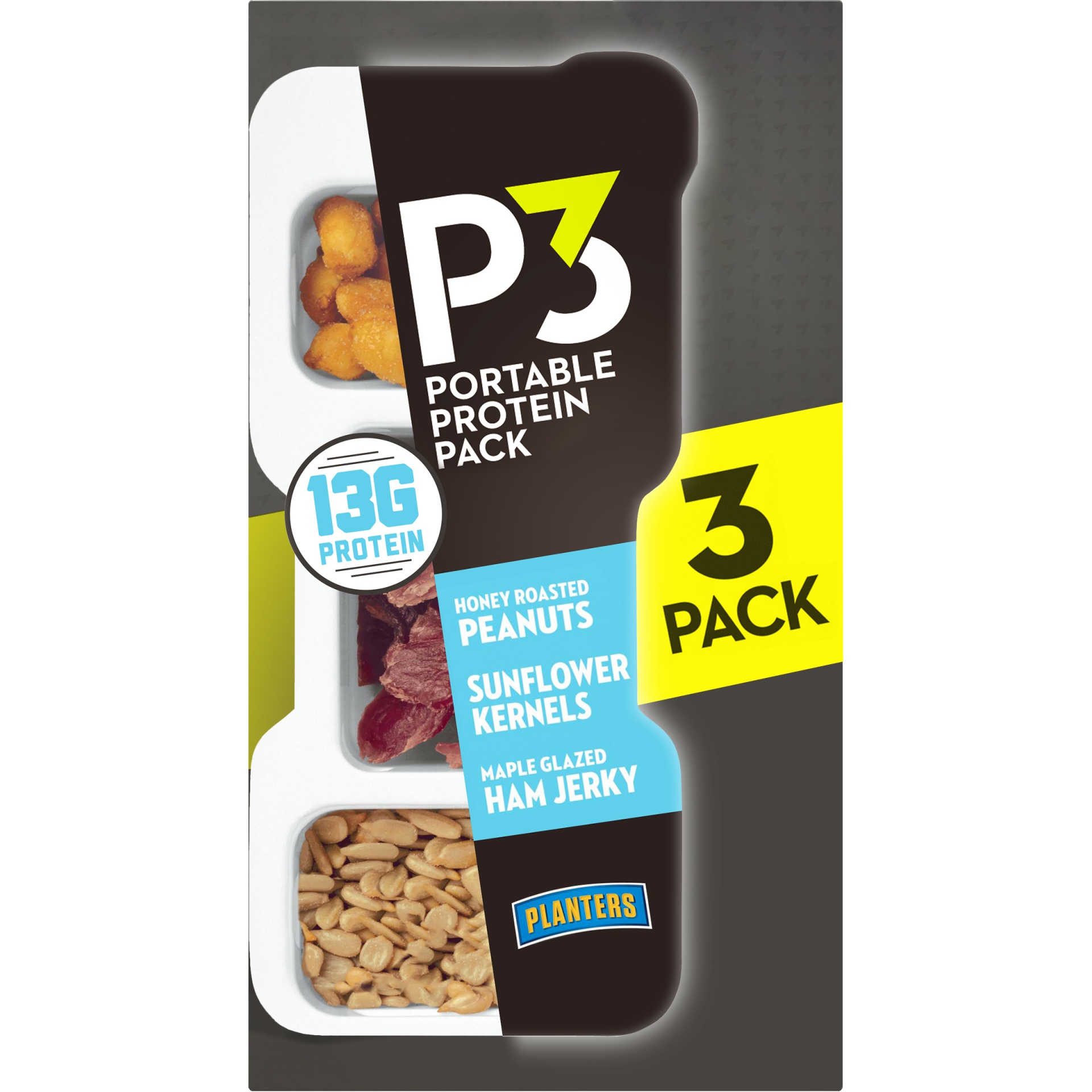 slide 1 of 7, P3 Portable Protein Snack Pack with Honey Roasted Peanuts, Sunflower Kernels & Maple Glazed Ham Jerky Trays, 5.4 oz