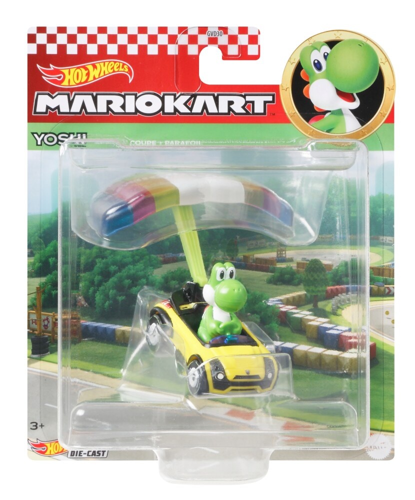 slide 1 of 1, Mattel Hot Wheels Mario Kart Yoshi Coupe + Parafoil, 1 ct