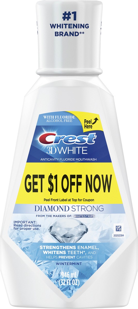 slide 2 of 4, Crest 3D White Diamond Strong Alcohol Free Fluoride Whitening Mouthwash, Wintermint, 946 mL (32 fl oz), 32 fl oz