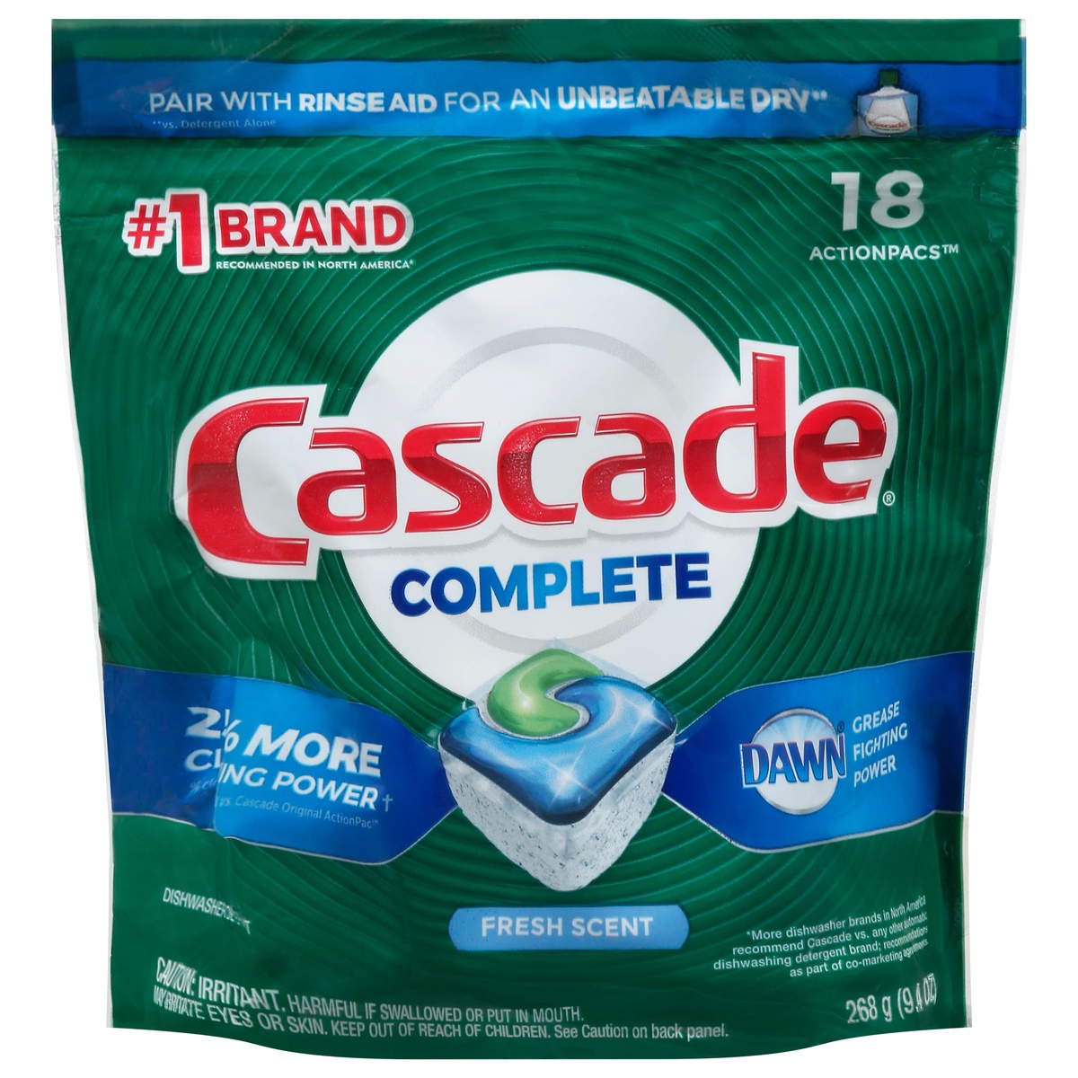 Cascade Complete ActionPacs, Dishwasher Detergent Pods, Fresh, 18 Count