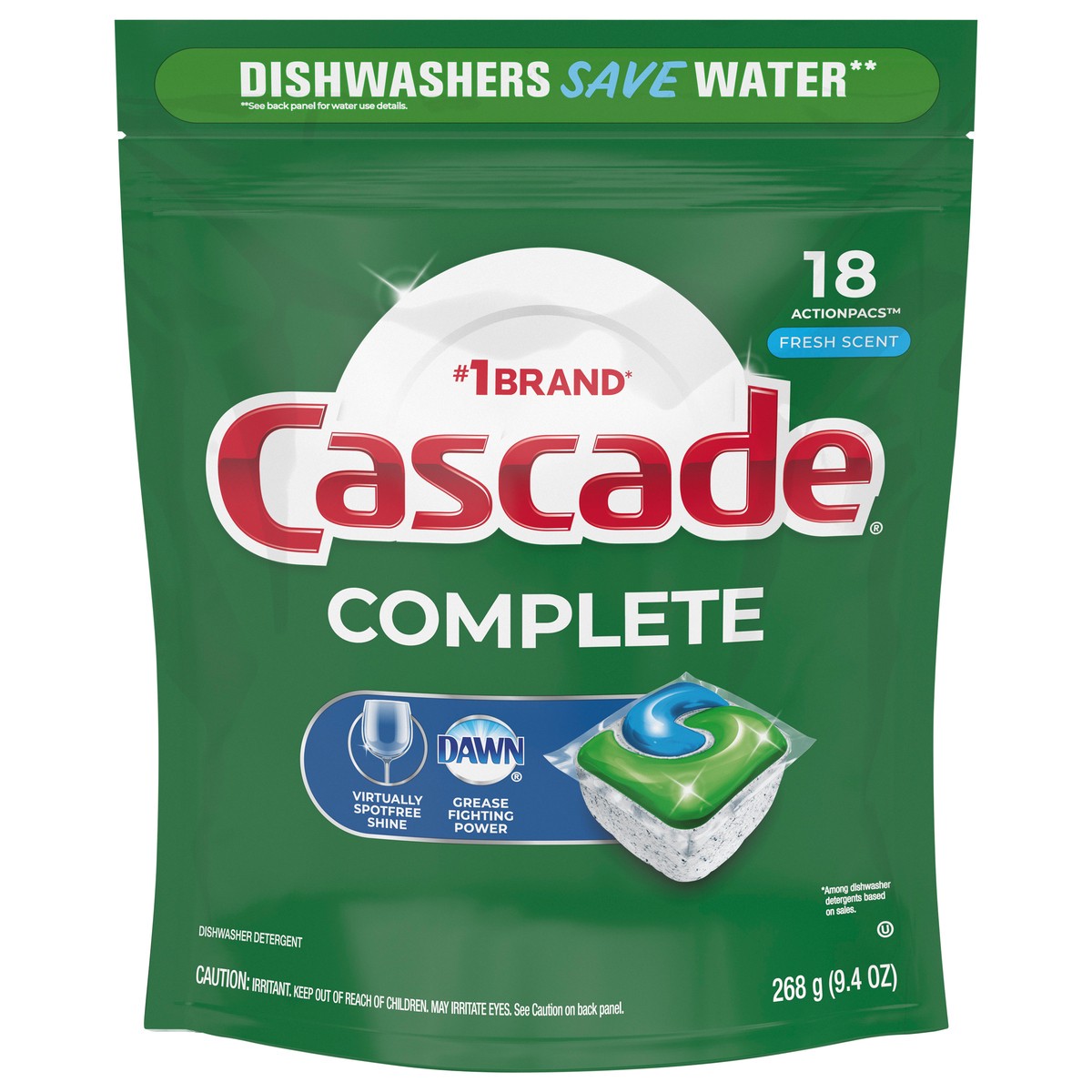 slide 1 of 3, Cascade Complete ActionPacs, Dishwasher Detergent Pods, Fresh, 18 Count, 18 ct