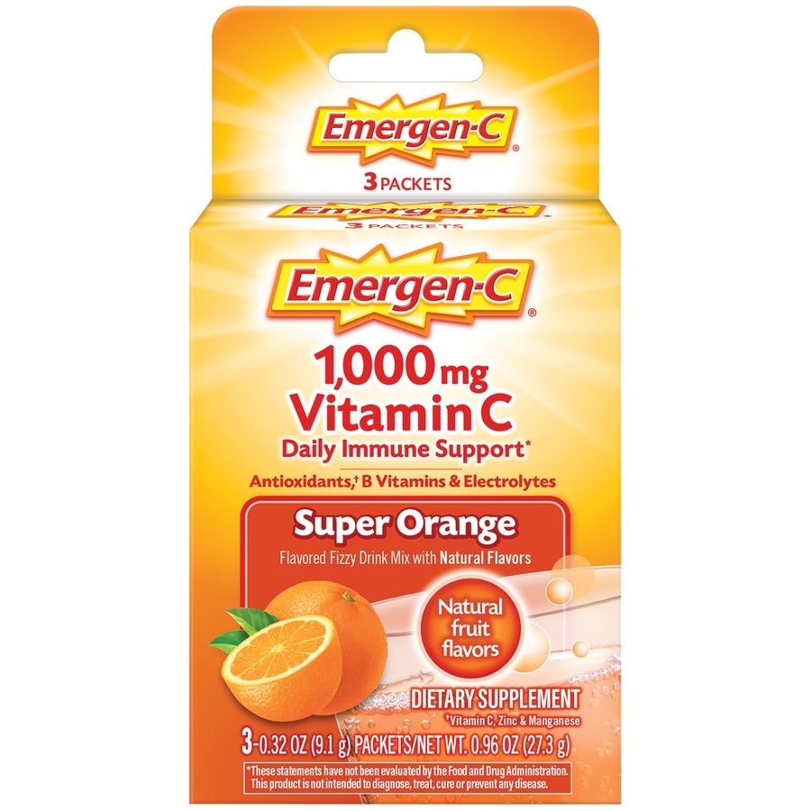 slide 1 of 6, Emergen-C  Emergen-C Super Orange Vitamin C Dietary Supplement Drink Mix, 3 ct; 0.96 oz; 1000 mg