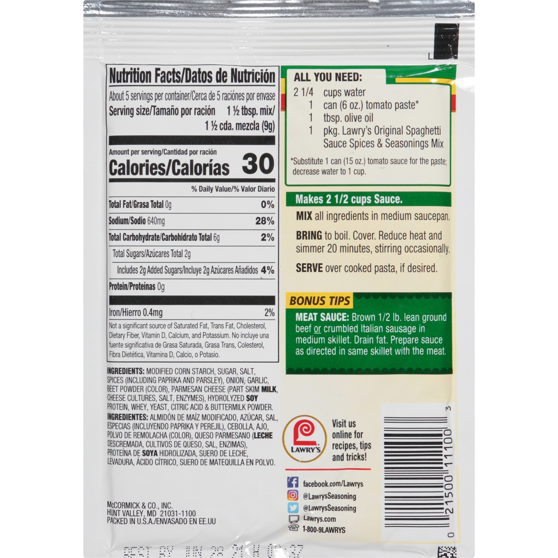 slide 6 of 6, Lawry's Spaghetti Mix, 1.5 oz, 1.5 oz