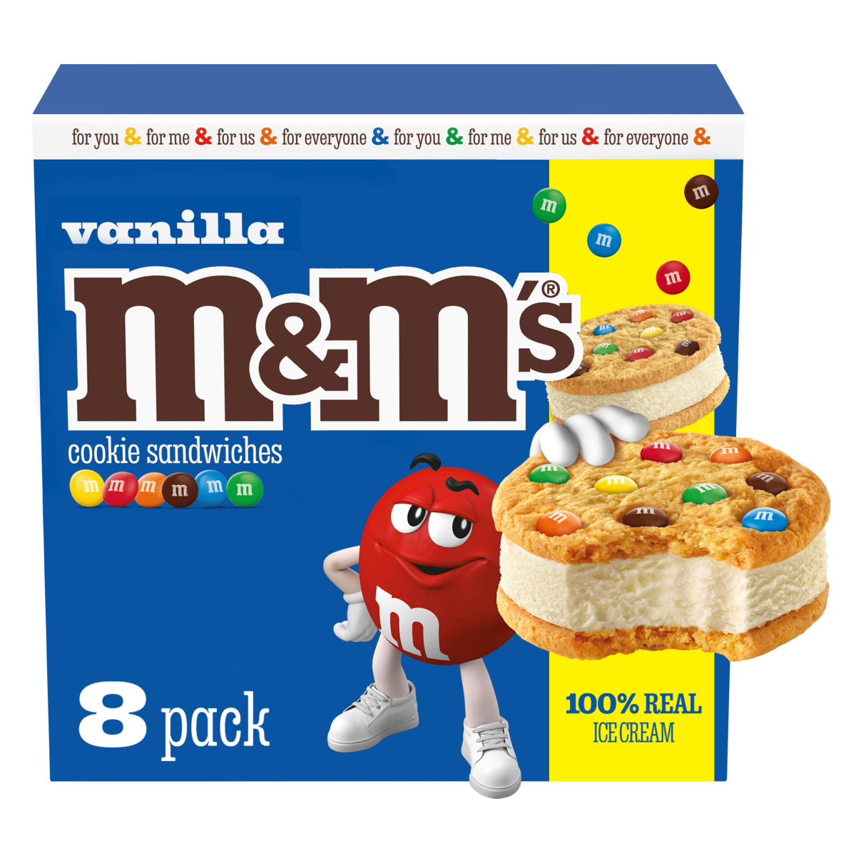 slide 1 of 29, M&M's Vanilla Ice Cream Cookie Sandwiches, Reduced Fat Vanilla Ice Cream Dessert Cookie Sandwich, 8 Pack, 4 Oz, 32 fl oz