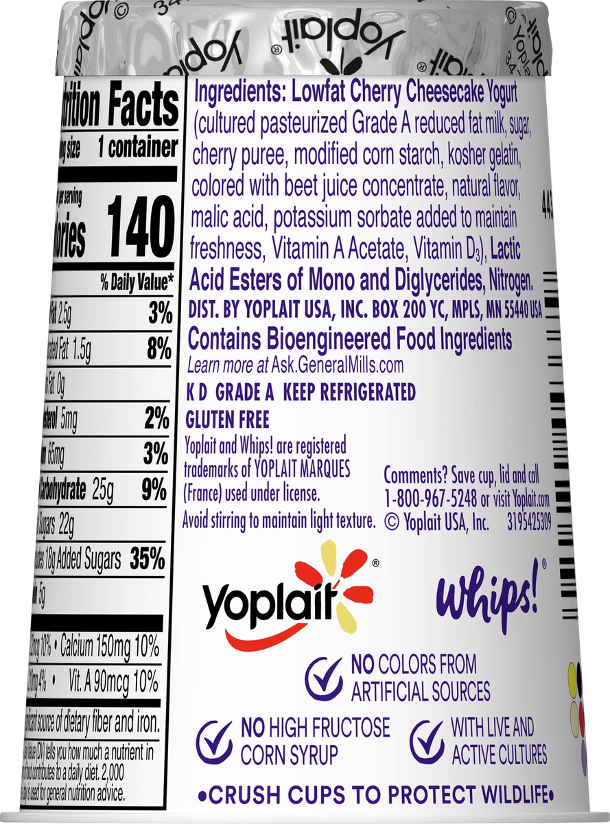 slide 3 of 9, Yoplait Whips Reduced Fat Yogurt Mousse, Cherry Cheesecake Flavored, Gluten Free Snack, 4 OZ Yogurt Cup, 4 oz