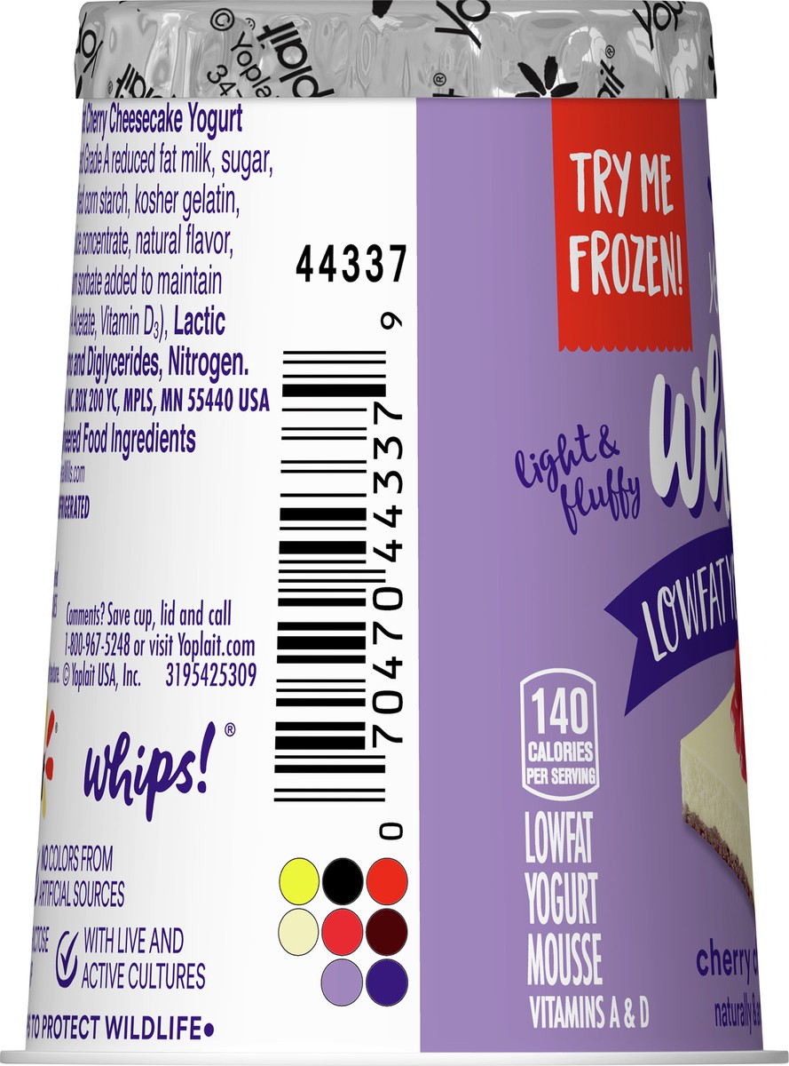 slide 8 of 9, Yoplait Whips Reduced Fat Yogurt Mousse, Cherry Cheesecake Flavored, Gluten Free Snack, 4 OZ Yogurt Cup, 4 oz