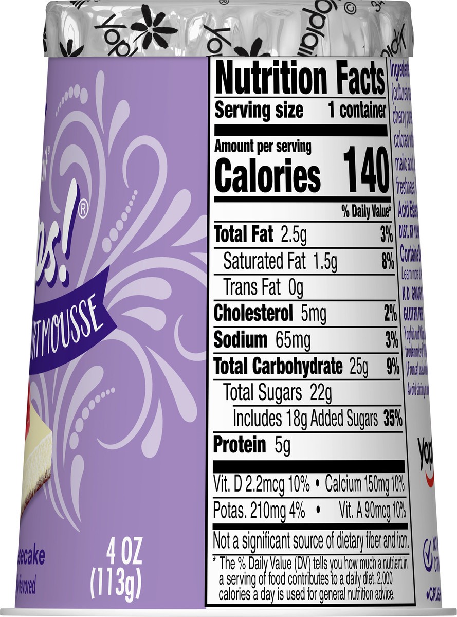 slide 7 of 9, Yoplait Whips Reduced Fat Yogurt Mousse, Cherry Cheesecake Flavored, Gluten Free Snack, 4 OZ Yogurt Cup, 4 oz