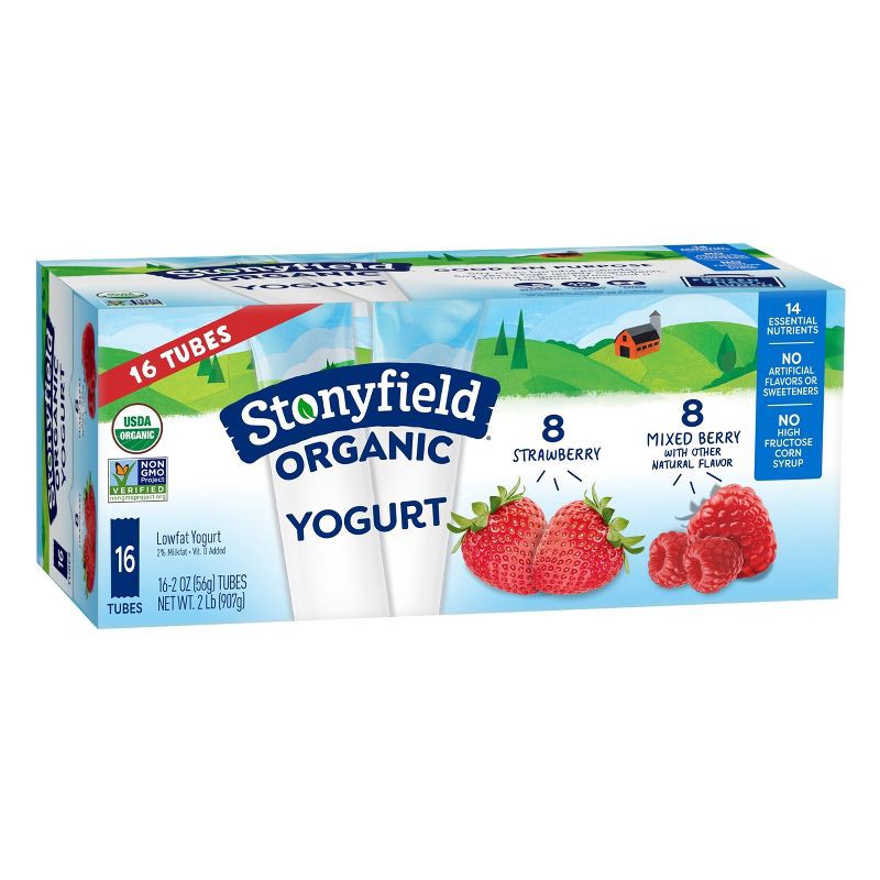 slide 1 of 11, Stonyfield Organic Kids' Strawberry & Mixed Berry Lowfat Yogurt - 16ct/2oz Tubes, 16 ct; 2 oz