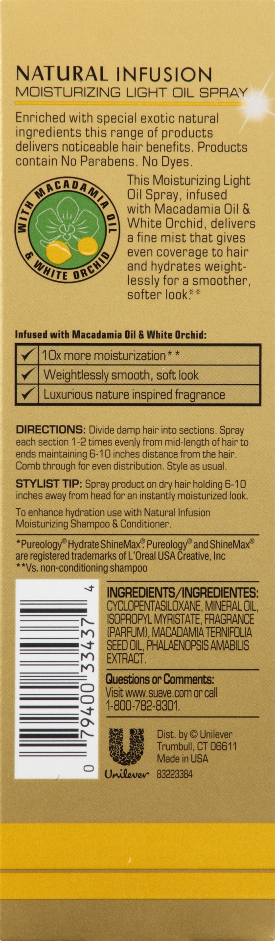 slide 6 of 7, Suave Professionals Natural Macadamia Oil and White Orchid Light Oil Spray, 3 oz