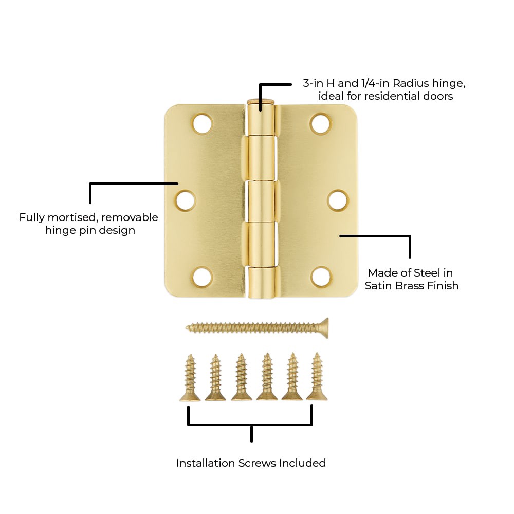 slide 2 of 6, RELIABILT 3-in H x 1/4-in Radius Satin Brass Mortise Interior Door Hinge, 1 ct