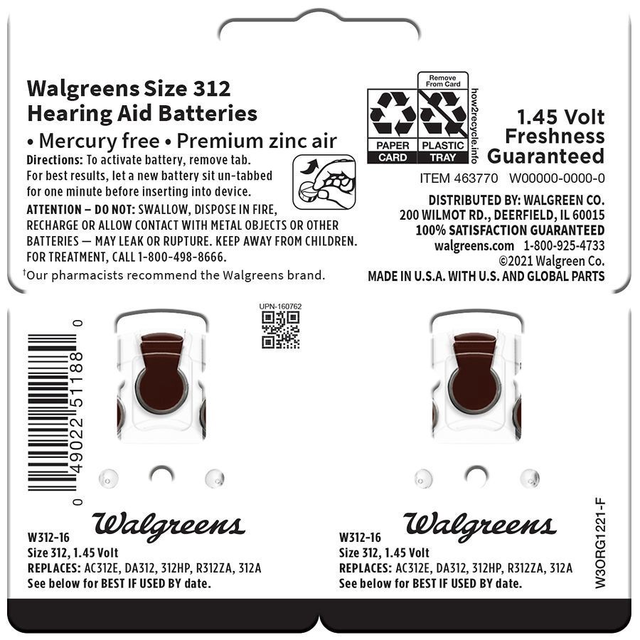 slide 2 of 2, Walgreens Hearing Aid Batteries, Zero Mercury #312, 16 ct