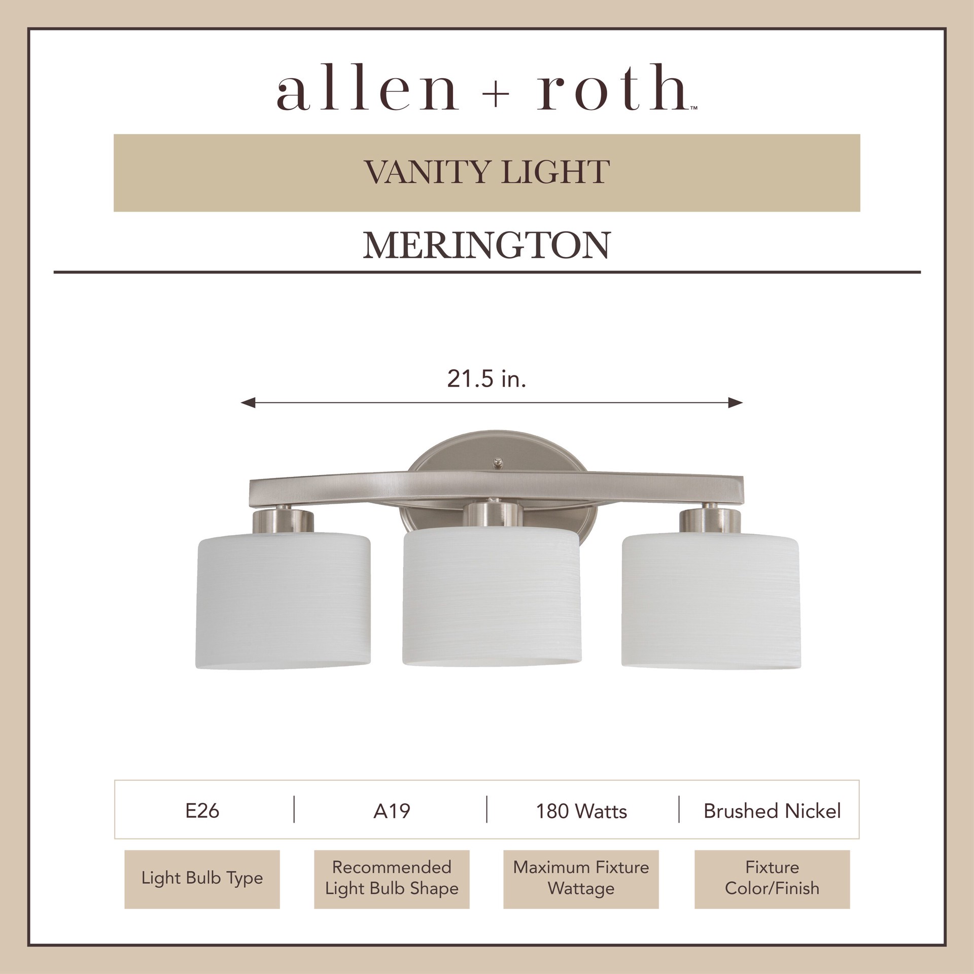 slide 4 of 6, allen + roth Merington 21.5-in 3 -Light Brushed Nickel Transitional Vanity light, 1 ct
