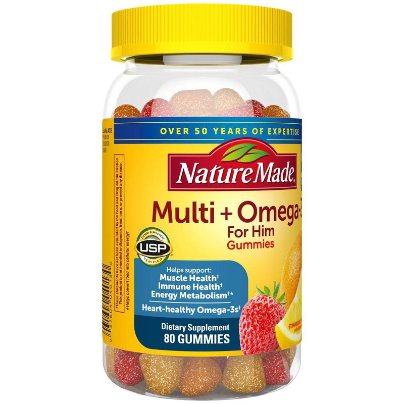 slide 3 of 6, Nature Made Multi for Him Plus Omega-3 Men's Multivitamin Gummies - 80ct, 80 ct