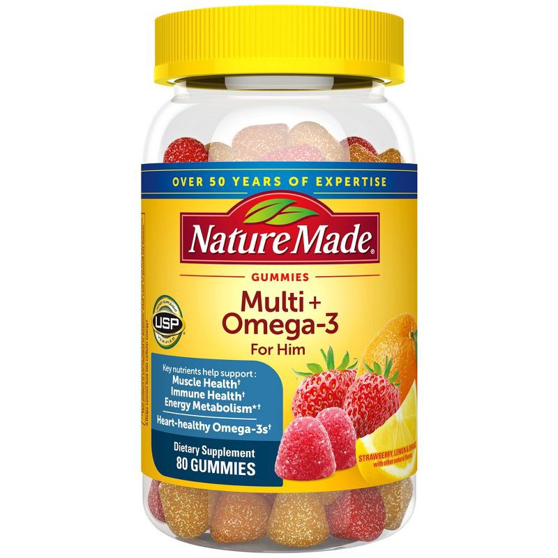 slide 1 of 9, Nature Made Multi for Him Plus Omega-3 Men's Multivitamin Gummies - 80ct, 80 ct