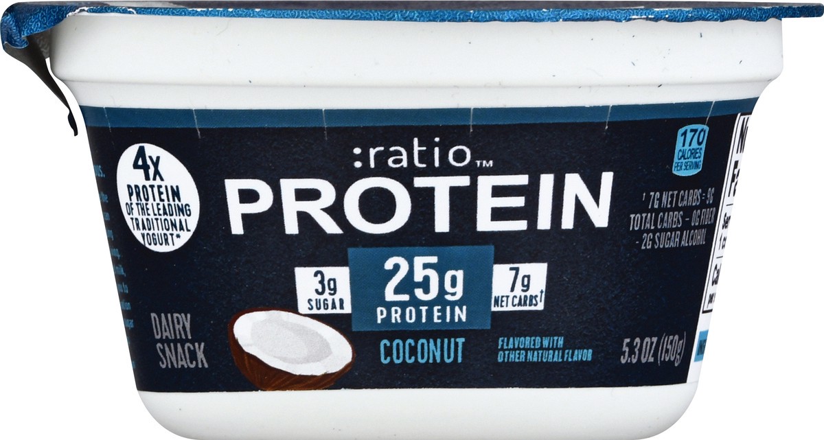 slide 7 of 9, :ratio Yogurt Protein Cultured Dairy Snack, Coconut, 25g Protein, 5.3 OZ, 5.3 oz