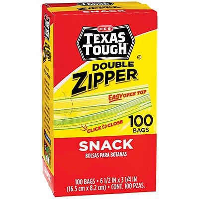 slide 1 of 1, H-E-B Texas Tough Double Zipper Snack Bags, 100 ct