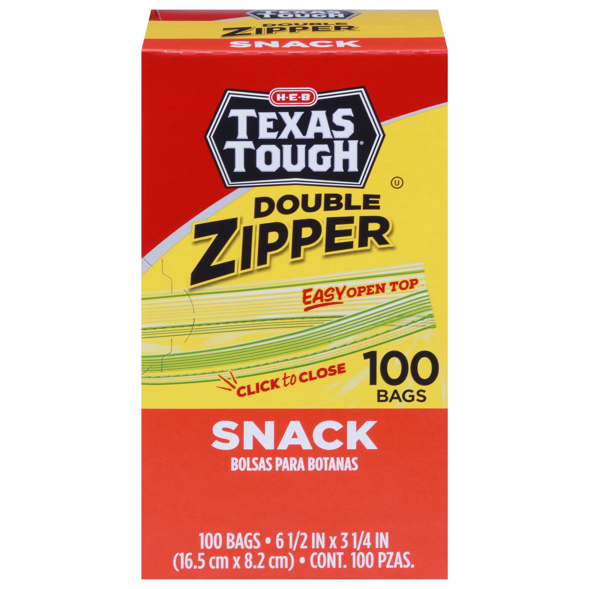 slide 1 of 1, H-E-B Texas Tough Double Zipper Snack Bags, 100 ct