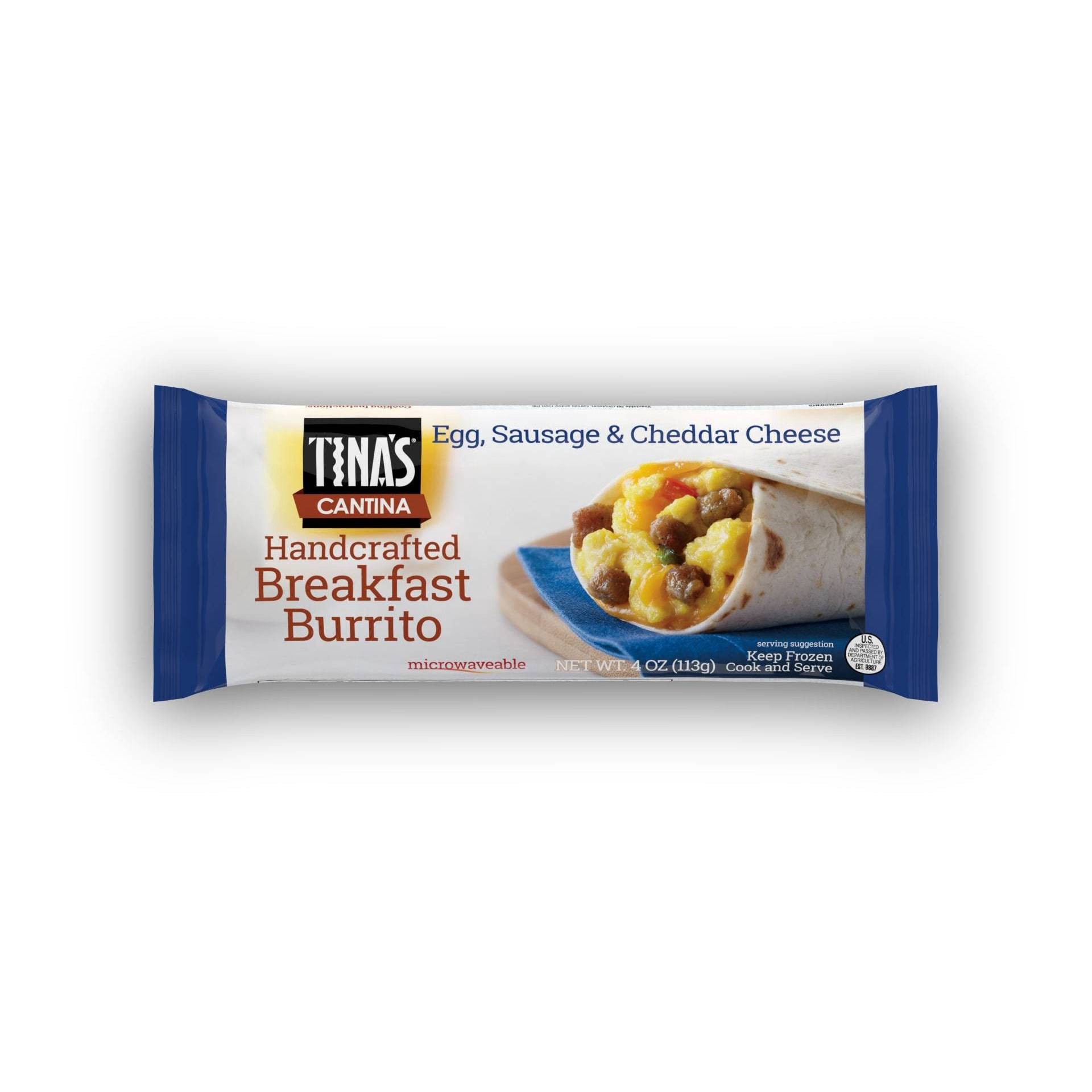 slide 1 of 2, Tina's Breakfast Burrito Handcrafted Egg Sausage & Cheddar Cheese, 4 oz