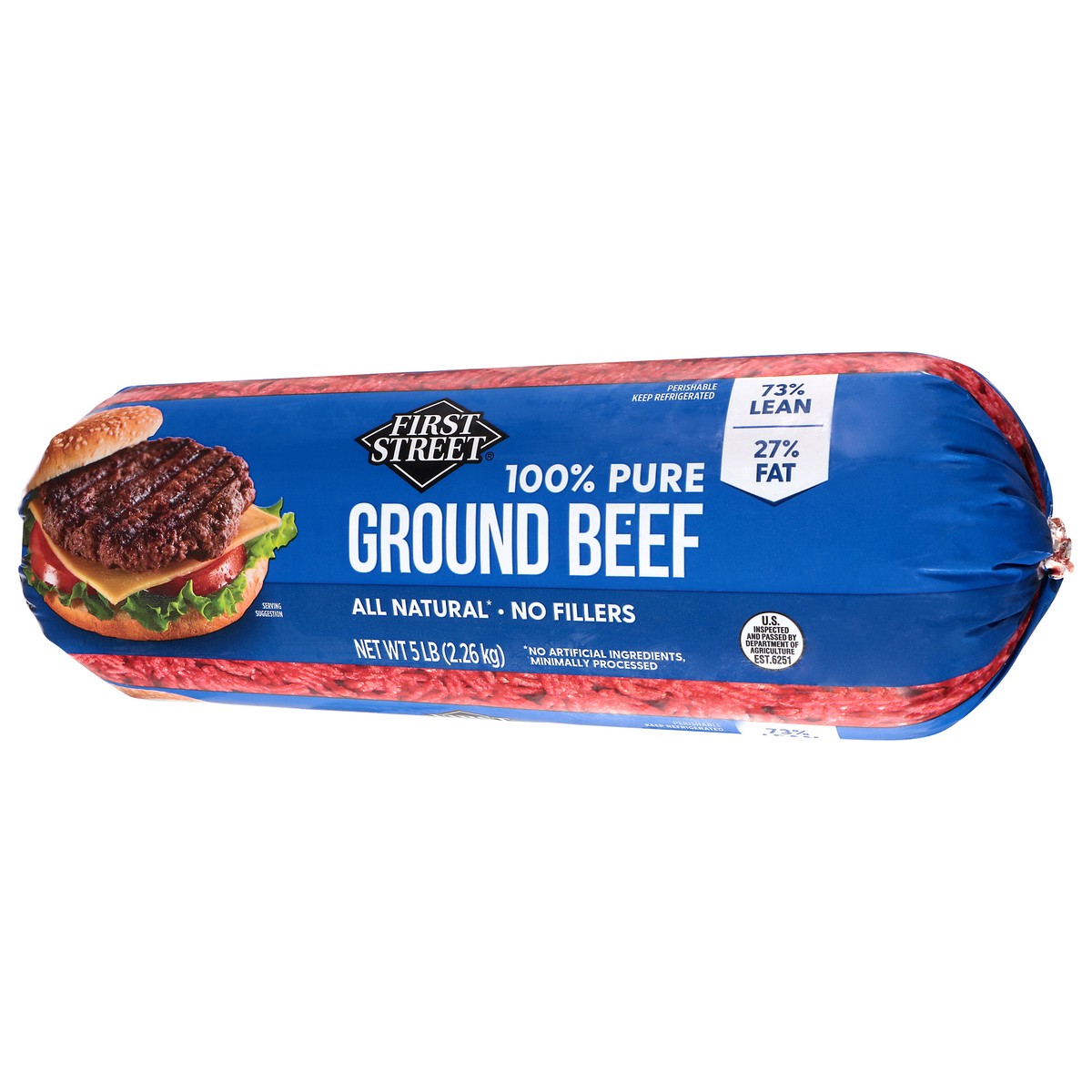 slide 5 of 12, First Street 73% Ground Beef Chub, 5 lb