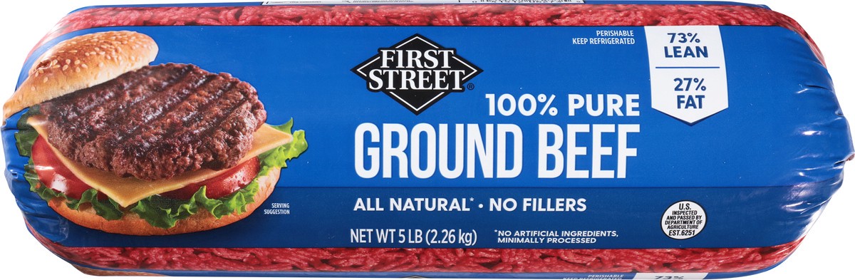 slide 6 of 12, First Street 73% Ground Beef Chub, 5 lb
