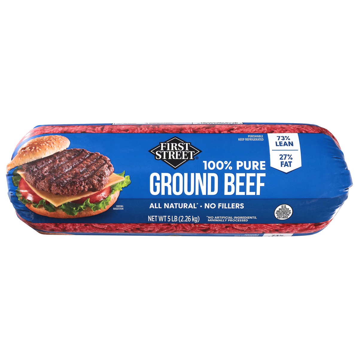 slide 1 of 12, First Street 73% Ground Beef Chub, 5 lb