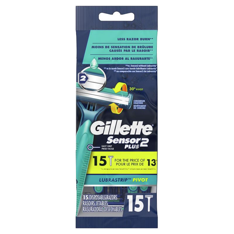 slide 2 of 8, Gillette Sensor2 Plus Pivoting Head Men's Disposable Razors - 15ct, 15 ct