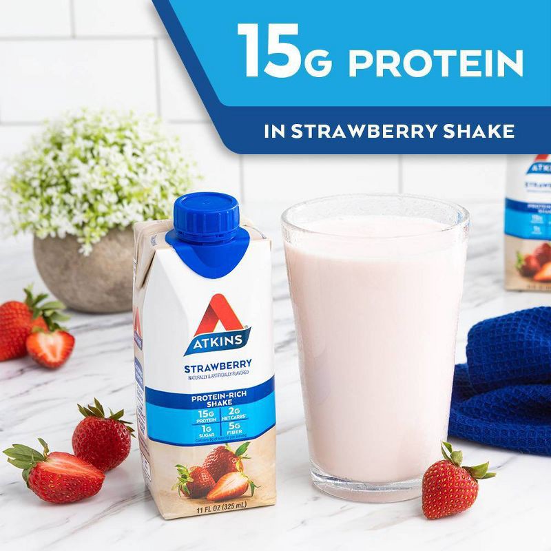 slide 9 of 11, Atkins Strawberry Non-Caffeinated Whey Protein Isolate Shake - 4pk/44 fl oz, 4 ct; 44 fl oz