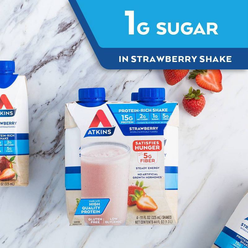 slide 8 of 11, Atkins Strawberry Non-Caffeinated Whey Protein Isolate Shake - 4pk/44 fl oz, 4 ct; 44 fl oz