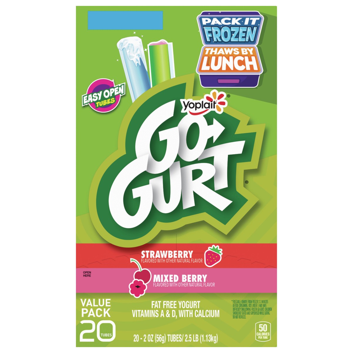 slide 1 of 9, Go-GURT Strawberry and Mixed Berry Kids Fat Free Yogurt Variety Pack, Gluten Free, 2 oz Yogurt Tubes (20 Count), 20 ct