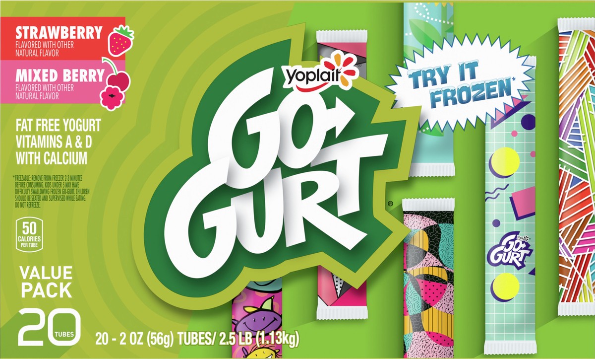 slide 5 of 9, Go-GURT Strawberry and Mixed Berry Kids Fat Free Yogurt Variety Pack, Gluten Free, 2 oz Yogurt Tubes (20 Count), 20 ct