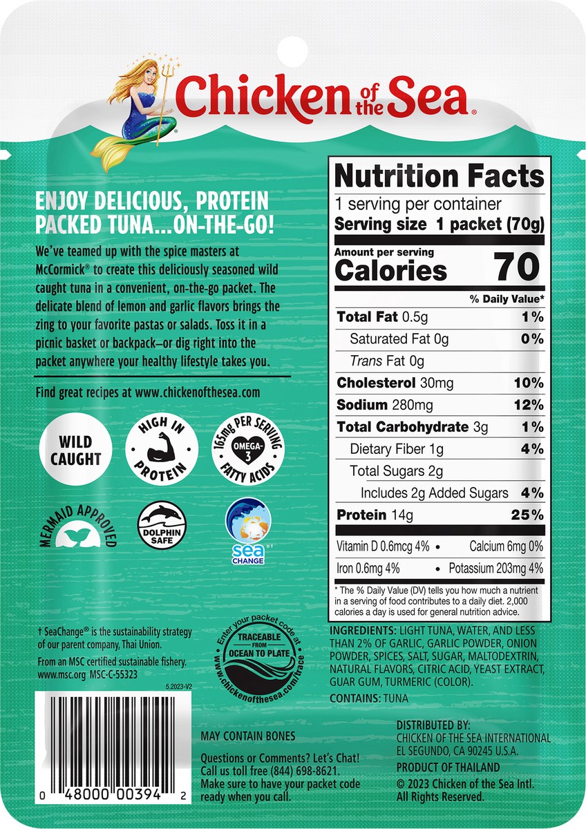 slide 4 of 9, Chicken of the Sea Wild Caught Light Tuna Packet, Lemon Garlic 2.5 oz, 2.5 oz