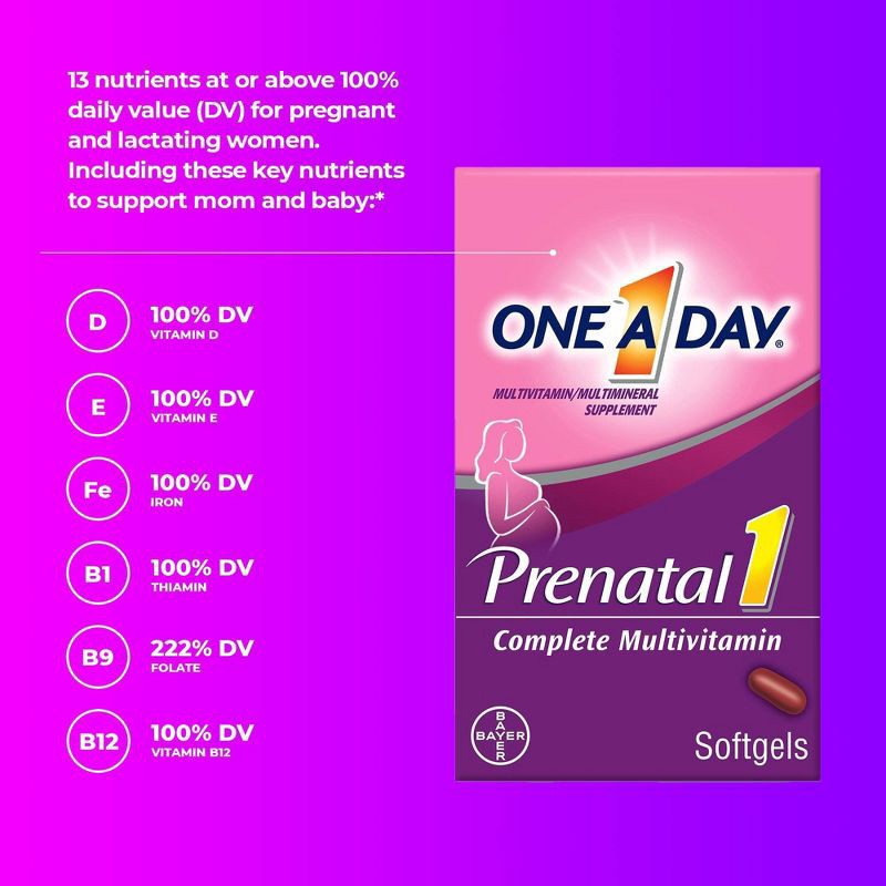 slide 4 of 9, One A Day Women's Prenatal Vitamin 1 with DHA & Folic Acid Multivitamin Softgels - 60ct, 60 ct