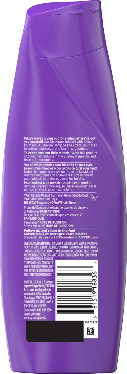 slide 2 of 3, Aussie Miracle Waves Anti-Frizz Hemp Paraben-Free Shampoo,12.1 fl oz, 12.10 fl oz