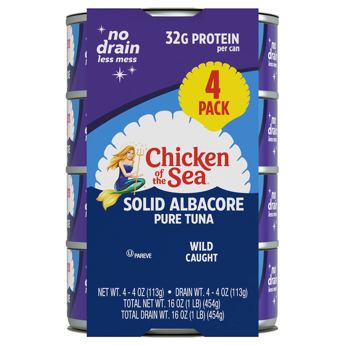 slide 3 of 9, Chicken of The Sea Wild Caught Solid White Pure Tuna, No Drain Quad, 16 oz