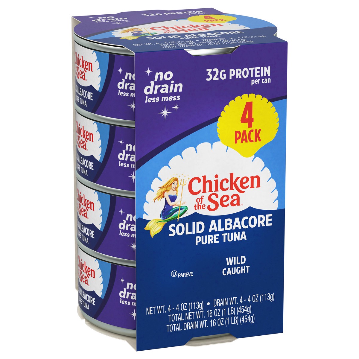 slide 9 of 9, Chicken of The Sea Wild Caught Solid White Pure Tuna, No Drain Quad, 16 oz