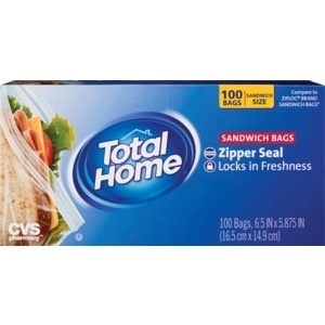 slide 1 of 1, Total Home By CVS Zipper Seal Sandwich Bags, 100 ct