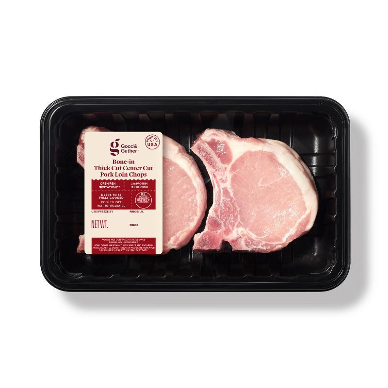 slide 1 of 3, Bone-in Thick Cut Center Cut Pork Chops - 0.90-3.00 lbs - price per lb - Good & Gather™, per lb