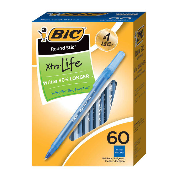 slide 1 of 3, BIC Round Stic Ballpoint Pens, Medium Point, Translucent Barrel, Blue Ink, Box Of 60, 60 ct