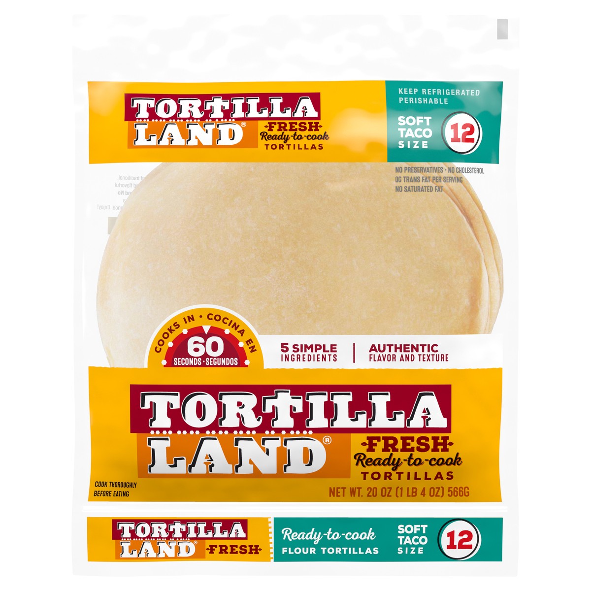 slide 1 of 10, TORTILLA LAND TortillaLand Uncooked Flour Tortillas, Soft Taco Size (12 Count), 566.99 g