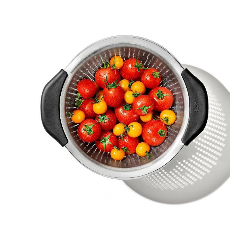 slide 4 of 7, OXO 3Qt Stainless Steel Colander: Dishwasher-Safe Pasta Strainer, Light Silver, 9.6" Width, 3Qt Capacity, 3 qt, 3 qt