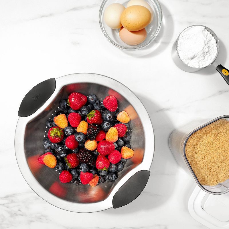 slide 7 of 7, OXO 3Qt Stainless Steel Colander: Dishwasher-Safe Pasta Strainer, Light Silver, 9.6" Width, 3Qt Capacity, 3 qt, 3 qt