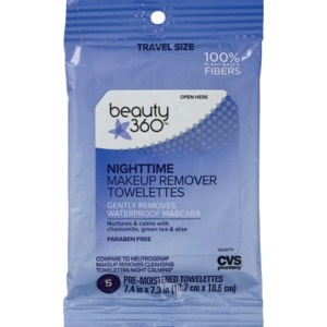 slide 1 of 1, Beauty 360 Nighttime Make-Up Remover Cleansing Cloths Travel Size, 5/Pack, 5 ct