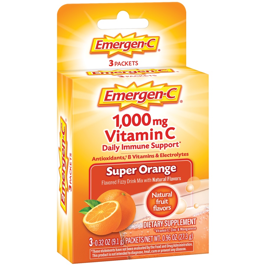 slide 2 of 6, Emergen-C  Emergen-C Super Orange Vitamin C Dietary Supplement Drink Mix, 3 ct; 0.96 oz; 1000 mg