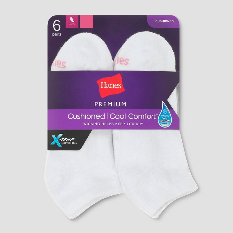 slide 2 of 2, Hanes Premium Women's 6pk Cushioned Low Cut Socks - White 5-9: Midweight Knit Socks, 6 ct