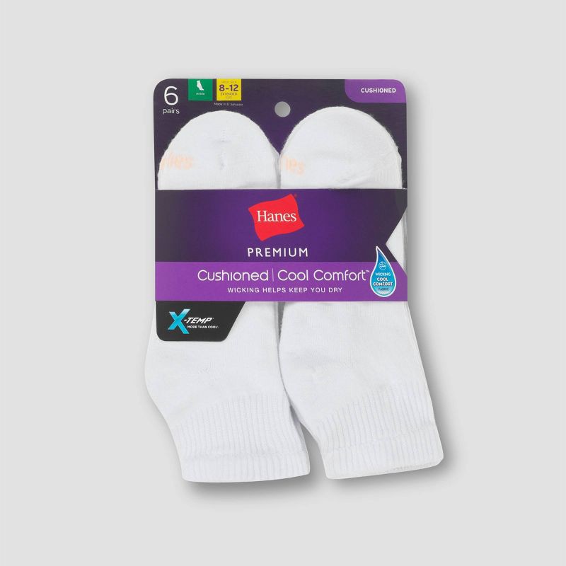 slide 2 of 3, Hanes Premium Women's 6pk Cushioned Ankle Socks - White 5-9: Midweight Knit, Cushioned Sole, 6 ct