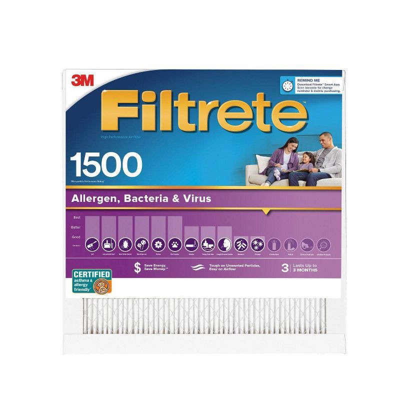 slide 2 of 11, Filtrete 20x20x1 2pk Allergen Bacteria and Virus Air Filter 1500 MPR: Electrostatic Furnace Filter, MERV 12, Captures Dust & Pollen, 2 ct