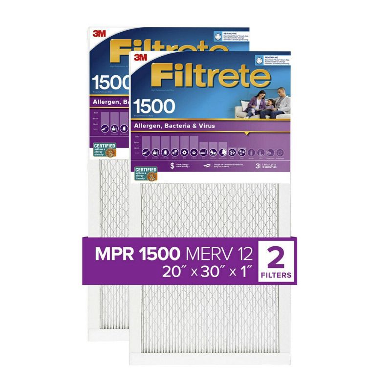 slide 2 of 9, Filtrete 20x30x1 2pk Allergen Bacteria and Virus Air Filter 1500 MPR: MERV 12 Electrostatic Furnace Filter, Captures Dust & Pollen, 2 ct