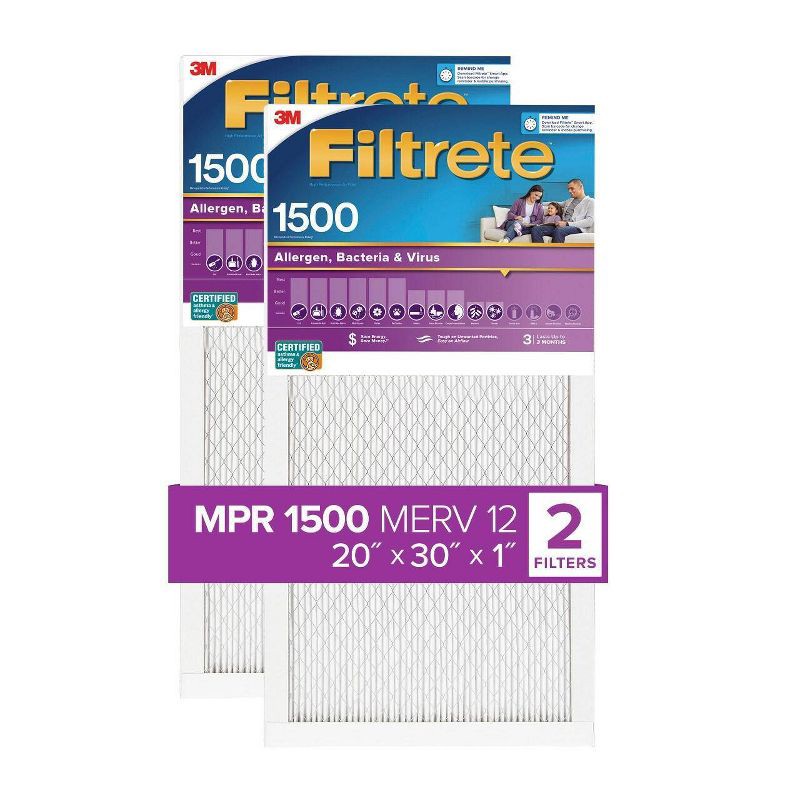 slide 1 of 10, Filtrete 20x30x1 2pk Allergen Bacteria and Virus Air Filter 1500 MPR: MERV 12 Electrostatic Furnace Filter, Captures Dust & Pollen, 2 ct