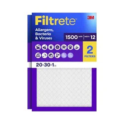 Filtrete 20"x30"x1" 2pk Allergens Bacteria & Viruses MPR 1500 MERV 12 Electrostatic Pleated HVAC Furnace Air Filter
