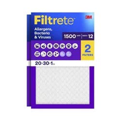 Filtrete 20"x30"x1" 2pk Allergens Bacteria & Viruses MPR 1500 MERV 12 Electrostatic Pleated HVAC Furnace Air Filter
